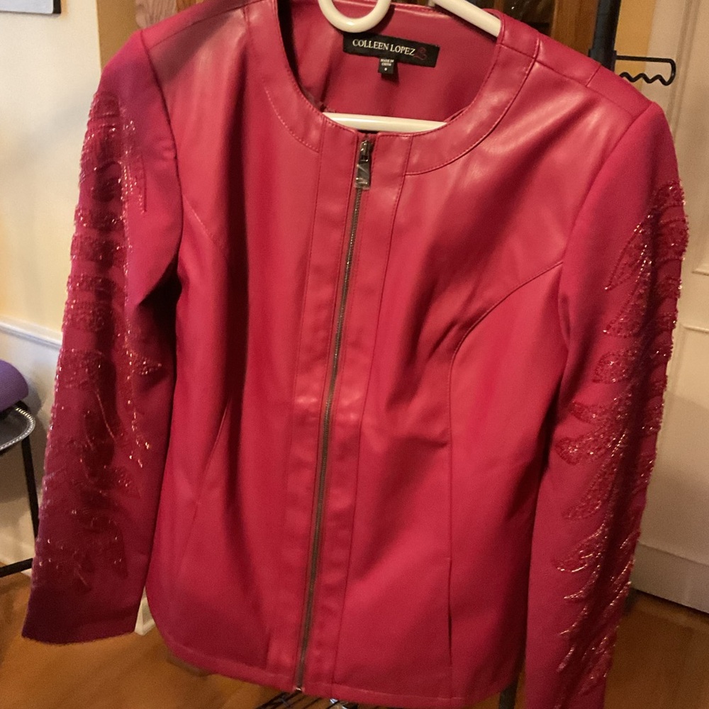 Colleen Lopez cranberry Faux Leather Zip Jacket with Embellished Sleeves .